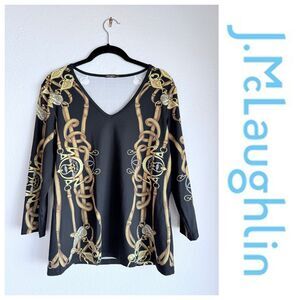 J.Mclaughlin Catalina Cloth Black & Gold Equestrian Print 3/4 Sleeve V-Neck Top